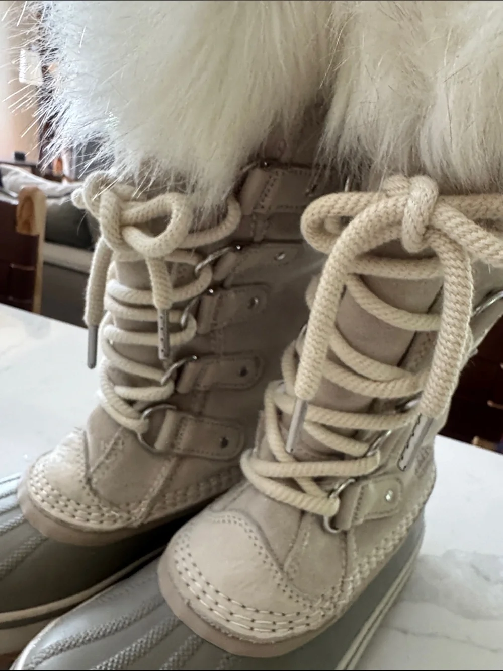 SOREL Joan of Arctic cream suede taupe faux fur waterproof winter snow boots
